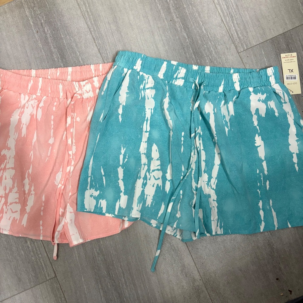 Young USA Womens XL Tie Dye Shorts Set 2 Pack Pink Teal‎ Elastic Waist GGT-2105